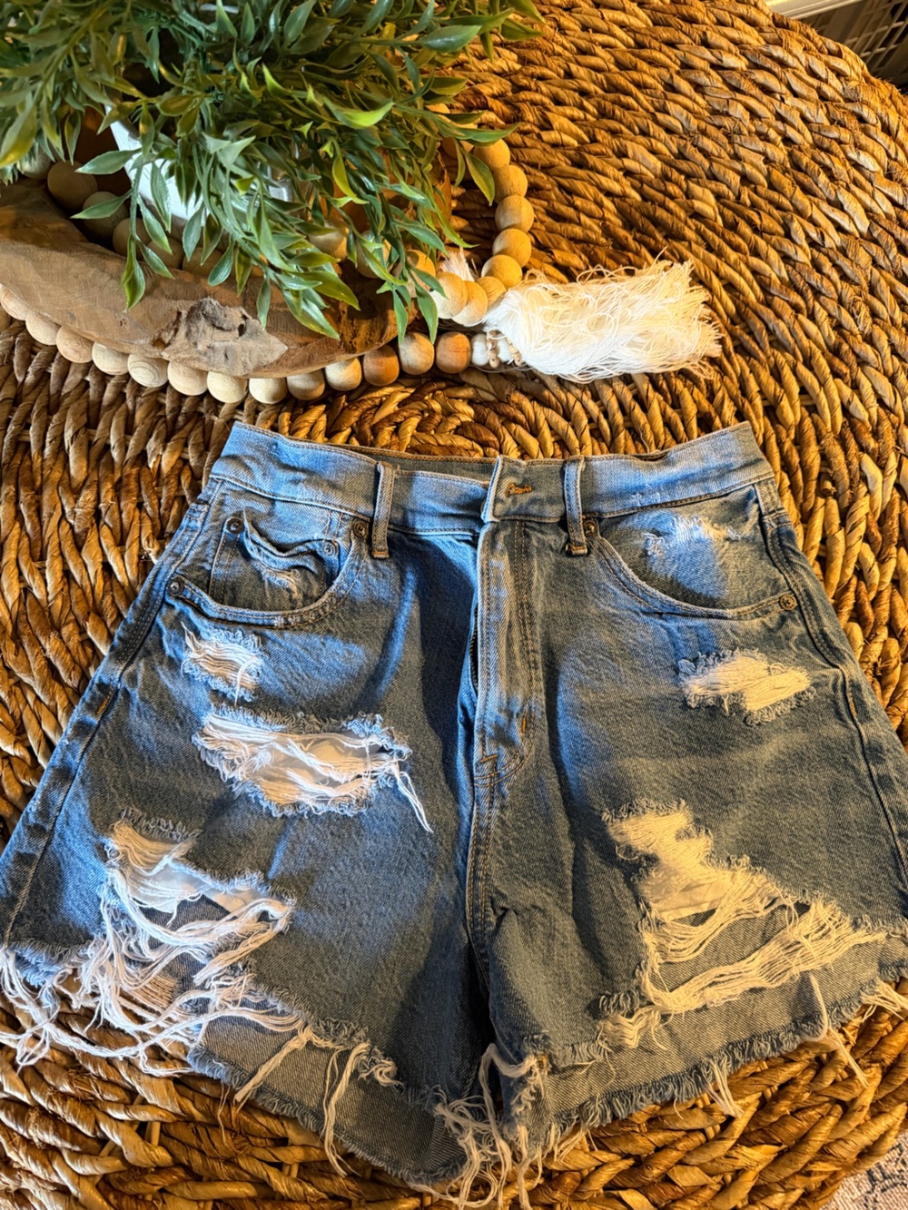 American Eagle Outfitters Ripped Medium Blue Denim Cutoff Shorts